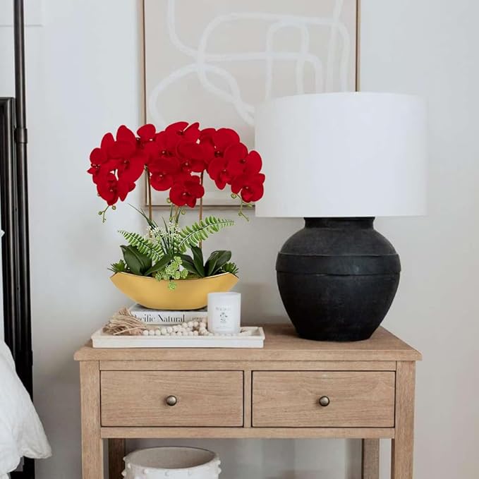 Briful Orchid Artificial Flowers 18in Red Fake Orchid Silk Flowers with Gold Ceramic Vase Faux Phalaenopsis Arrangement for Home Office Room Dining Table Centerpiece Modern Decor