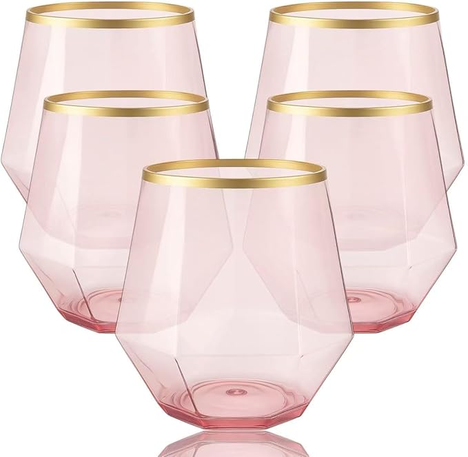 40 count Diamond Unbreakable Stemless Plastic Wine Champagne Whiskey Glasses Elegant Durable Disposable Indoor Outdoor Ideal for Home, Office, Bars, Wedding, 12 Ounce Cups (Diamond Pink Matte Gold)