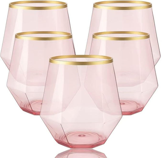 40 count Diamond Unbreakable Stemless Plastic Wine Champagne Whiskey Glasses Elegant Durable Disposable Indoor Outdoor Ideal for Home, Office, Bars, Wedding, 12 Ounce Cups (Diamond Pink Matte Gold)