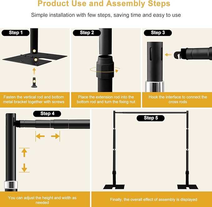 Jiang&Rong 10ft x 10ft Adjustable Backdrop Stand Kit - Heavy Duty Pipe and Drape Stand for Wedding, Birthday Party, Banquet Decorations (Black)