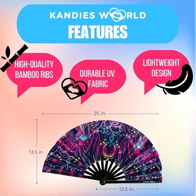 Kandies World UV Reactive Custom Festival Folding Hand Fan - Unique Designs, Made of Bamboo, Clacking Sound, Lightweight - Perfect Rave and Festival Accessory!