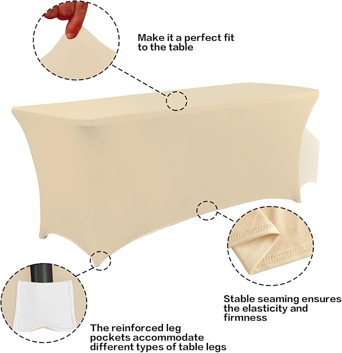 IVAPUPU 2 Pack 8FT Table Cloth for Rectangular Fitted Events Stretch Champagne Table Covers Washable Cover Spandex Tablecloth Protector for Party, Wedding, Cocktail, Banquet, Festival