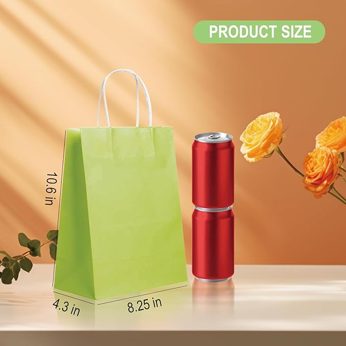 BAG BOX 100 Pack 8.25x4.3x10.6 Inch Green Gift Bags with Handles,Bulk Kraft Paper Bags for Shopping, Retail, Merchandise, Wedding, Party Favors, Paper Grocery Sacks