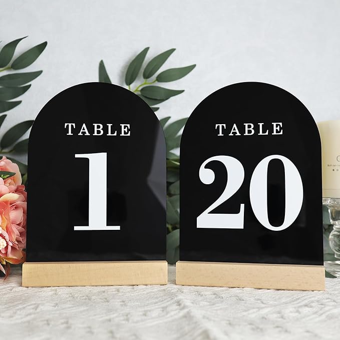 Wedding Table Numbers 1-20, Acrylic Arch Signs with Natural Wood Stands Holders, Rustic Table Decor for Reception & Parties (Black White)