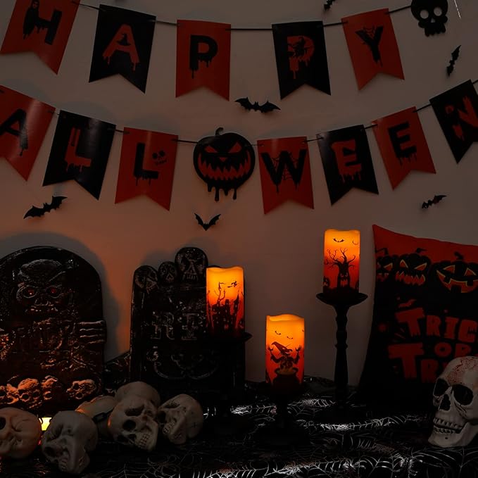 Homemory Halloween Candles, Orange Flameless Candles, Real Wax Flickering Battery Operated LED Pillar Candles with Remote Timers for Halloween Spooky Decoration, Day of The Dead, 3”x6”, Set of 3