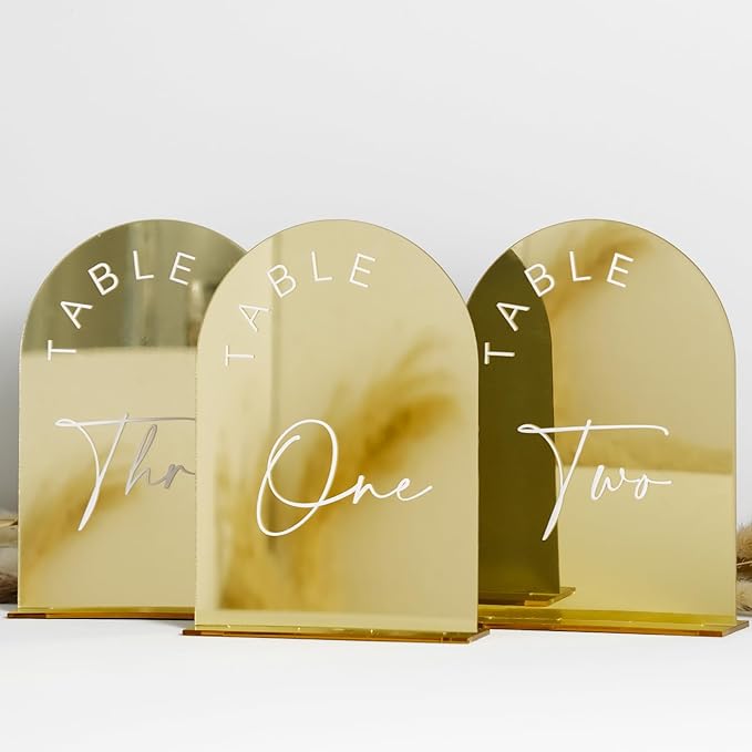 Gold Mirror Arched Wedding Table Numbers 1-15 with Stands, 5x7 Inch Acrylic Arch Sign with Holder, Gold Arch Acrylic Table Numbers for Wedding Reception(1-15, 5"x7")