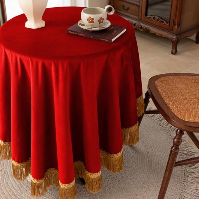 F-CHU Red Tablecloth Thickset Velvet Tablecloth with Beautiful Gold Tassels Vintage Table Cloth for Home Decor Wedding, Party, Banquet and Events 60" Round