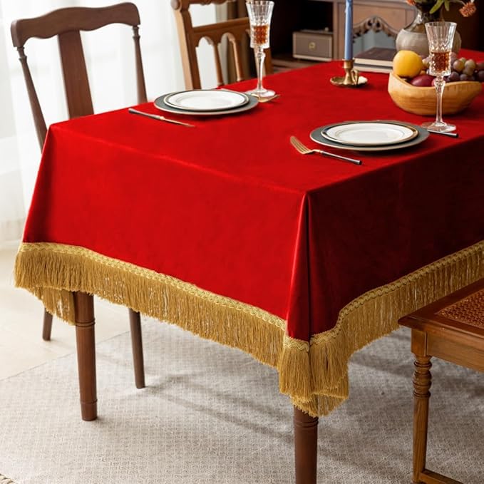 F-CHU Red Tablecloth Thickset Velvet Tablecloth with Beautiful Gold Tassels Vintage Table Cloth for Home Decor Wedding, Party, Banquet and Events 60x120-Inch