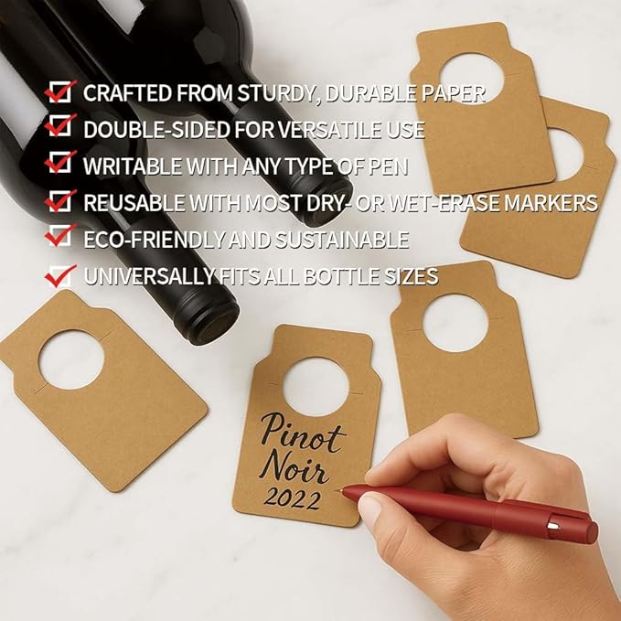 200 PCS Wine Bottle Tags –Paper Hanging Cellar Labels for Bottle Neck, Double-Sided Writable Gift Tags for Wine Racks, Champagne & Homebrew Organization (Kraft)