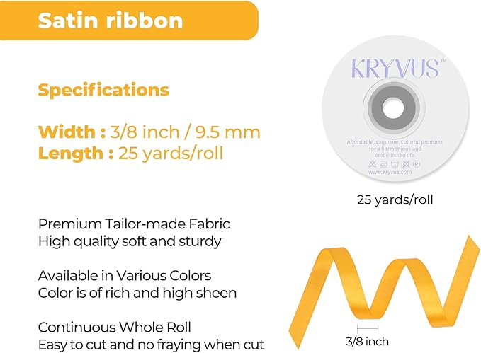 Yellow Satin Ribbon 3/8 inch X Continuous 25 Yards, Single Face Polyester Ribbon Perfect for Gift Wrapping, Flower Bouquet, Wedding Decor, Crafts, Bow Making, Sewing and More