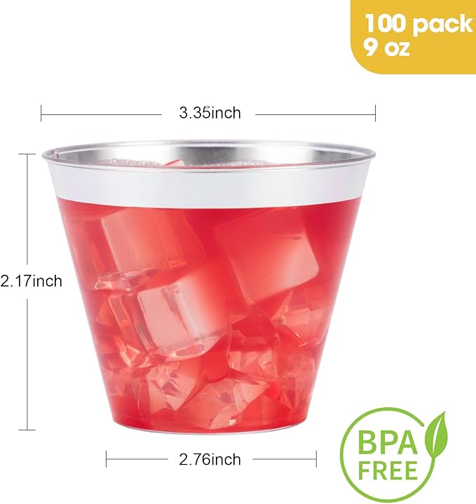 Goodluck 100PCS 9oz Disposable Silver Cups - Plastic Cocktail Glasses for Parties, Weddings, Thanksgiving & Christmas