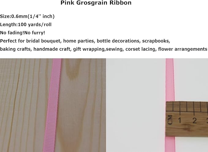 Jesep One Roll 100 Yards 1/4" Soild Grosgrain Ribbon Boutique Gift Wrapping Package Ribbon, DIY Crafts Bow Hair Headband Accessories Assorted Ribbon#123 (1/4" 6mm, Pink)