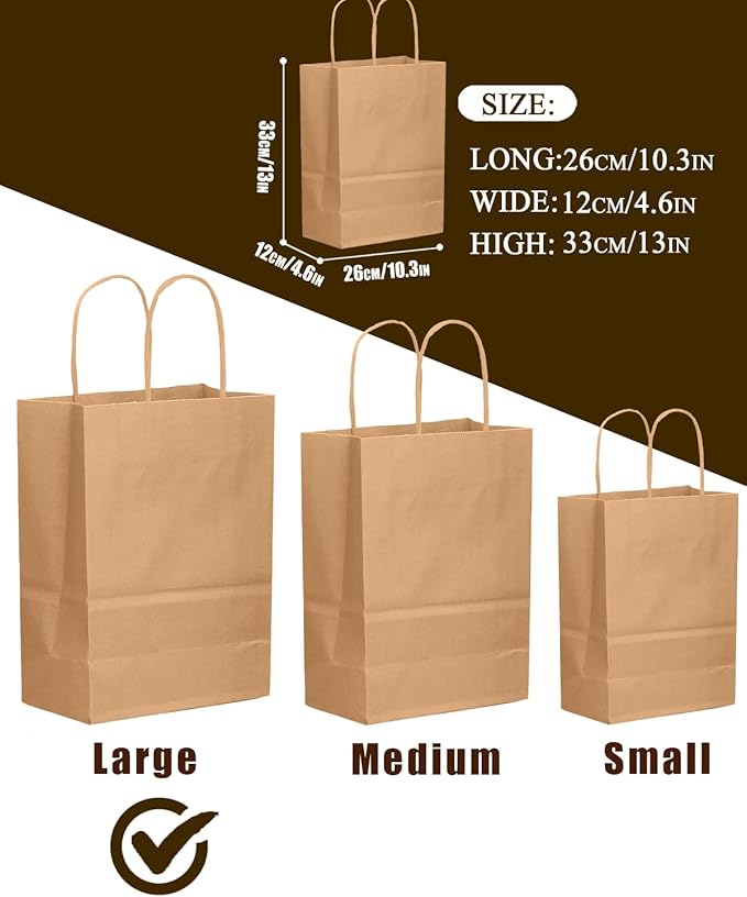 qiqee 100-Packs Brown Paper Gift Bags with Handles Bulk 13"×10.2"×4.7" Large Size Gift Bags Multiple Uses