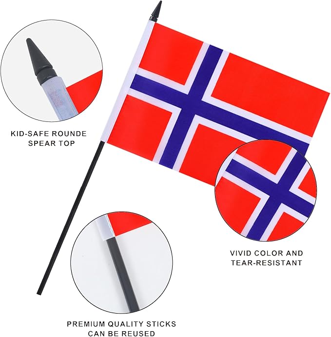 Norway Desk Flag 12" Solid Pole Deluxe Set Norwegian Flags Banner Mini Small Norway Office Table Flags with Black Stand Base Desktop Decorations(2Pack)