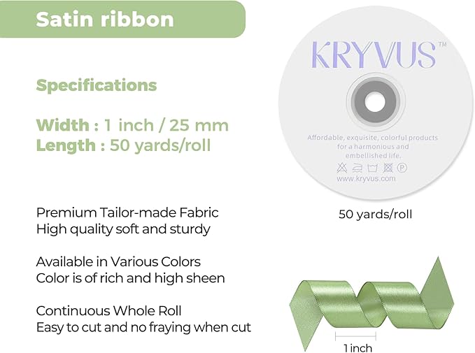 Sage Green Satin Ribbon 1 inch X Continuous 50 Yards, Single Face Polyester Ribbon Perfect for Gift Wrapping, Flower Bouquet, Wedding Decor, Crafts, Bow Making, Sewing and More