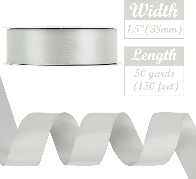 HUIHUANG Silver Ribbon Satin 1-1/2" Wide Double Face Polyester Satin Ribbons for Crafts, Thick Silk Ribbon for Gift Wrapping Hair Bows Floral Bouquet Cake Box Christmas Decor Party Favor - 50 Yards