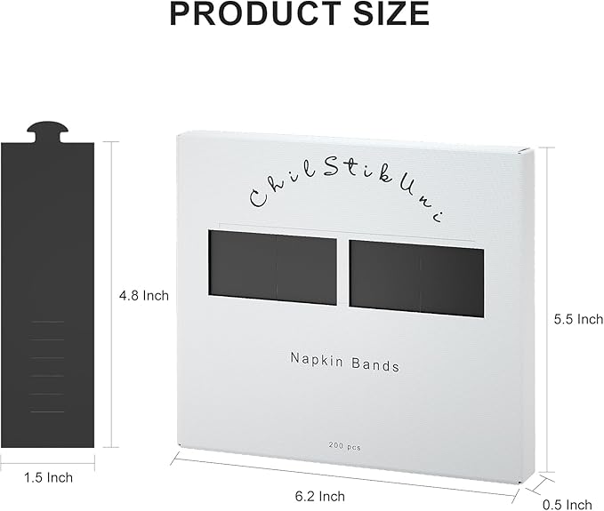 Polymer Material Reusable Napkin Band, Glue-Free Tear-Proof Water Resistant Oil-Proof Napkin Bands Set of 200(Front Black Color and Back White), 6 Adjustable Sizes Napkin Rings