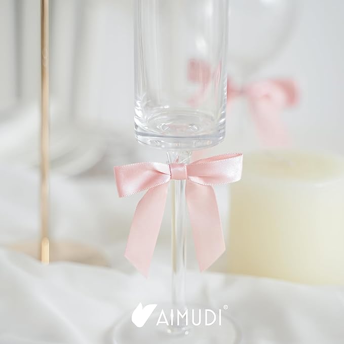 AIMUDI Small Rose Gold Bows 2.5" Pretied Satin Bows for Crafts Twist Tie Bows for Treat Bags Premade Mini Bows for Wedding Bridal Shower Bithday Baby Shower Decor - 50 Counts