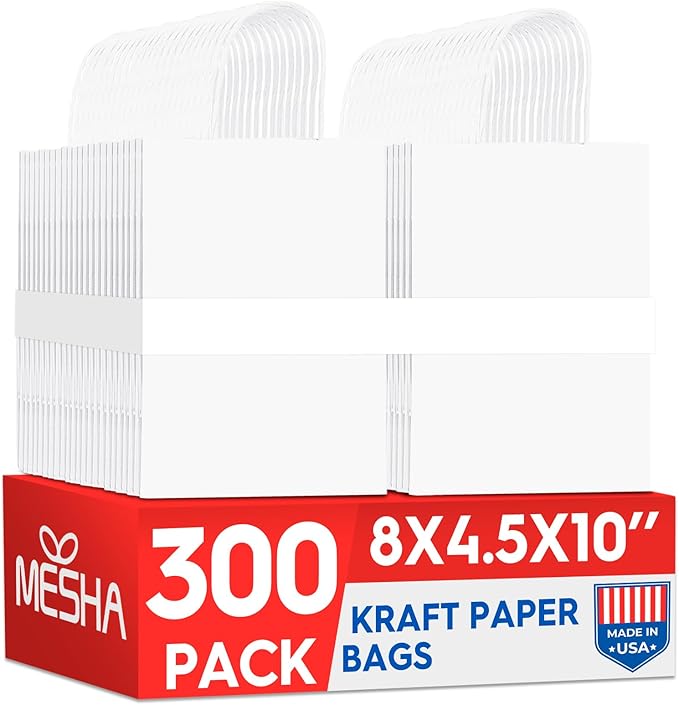MESHA Gift Paper Bags 300 PACK 8x4.25x10.5'' White Medium Shopping Kraft Bags Bulk with HandlesReusable for Business Grocery Birthday Wedding Kids Party Favors(Made in USA)