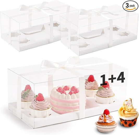 JCD 3pcs Clear Cupcake Boxes Combo,Cake and Cupcakes Box 1+4 Bento Box with Clear Window Bento Boxes Fit 4 Cupcake and 1 Mini Cake for Valentine Wedding Birthday Party Bakery Supplies(1+4/3Pcs)