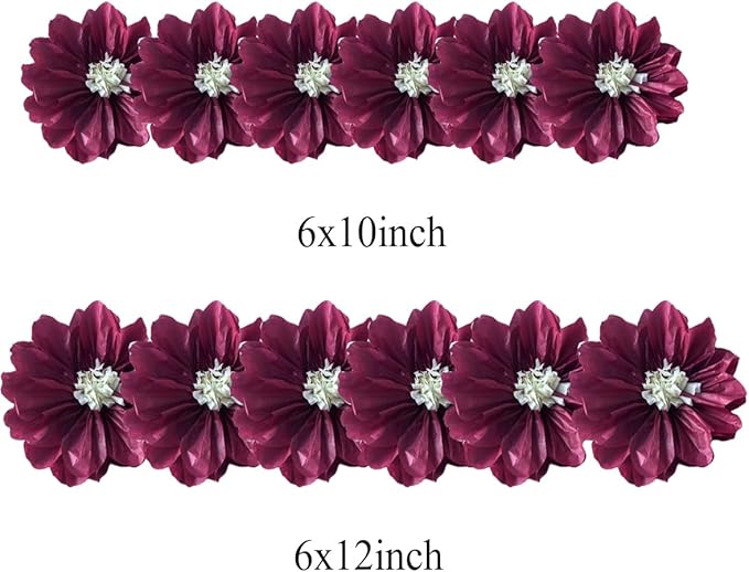 12pcs 10in 12in Paper Flowers Tissue Flowers Pom Paper Pom Poms Hanging Paper Flowers Wall Backdrop Wedding Party Flower Decorations DIY Art Craft Blooms for Birthday Baby shower Nursey decor burgundy