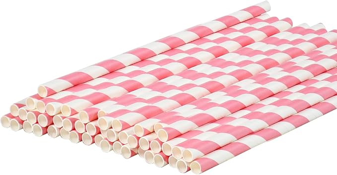 Pink White Striped Paper Drinking Straws 7.75 inch 100 Counts - for Cocktail, Party, Wedding, Baby Shower, Decoration, Crafts