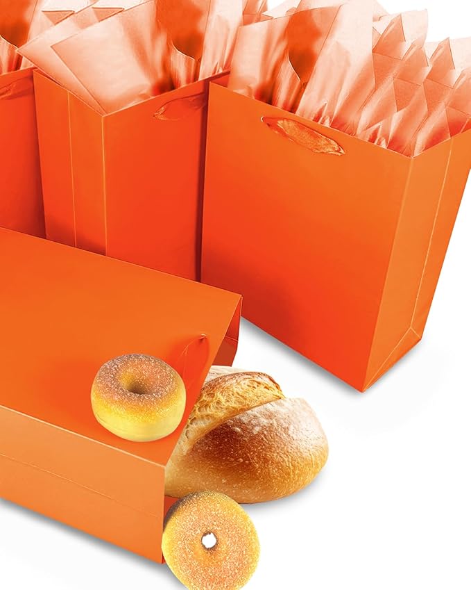 Gcardist Bright Orange Gift Bags with Tissue Paper for Wedding, Birthday, Party Supplies-7.9"x4.3"x9.6" Medium Size Cardboard Gift Bags（5pcs Bags +10pcs Tissue Paper ）