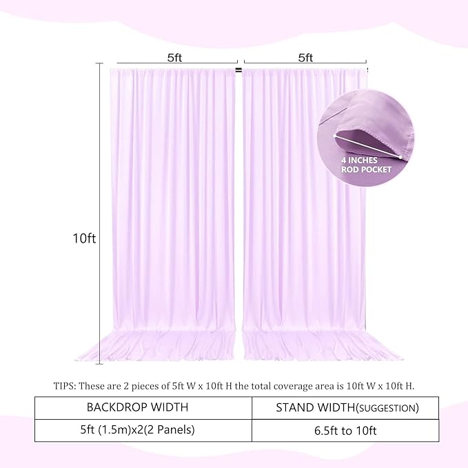 2 Panels Light Purple Backdrop Curtain, 10 x 10 Feet Background Curtains for Parties, Weddings, Baby Showers, Bachelorette Halloween, Christmas Birthday Party Photoshoot Backdrop Curtains Decorations