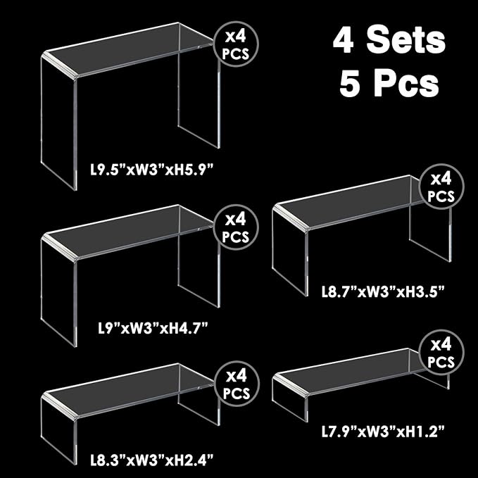 Fixwal 20pcs Large Acrylic Risers 4 Set Acrylic Display Stand Perfume Organizer Stands Clear Rectangular Dessert Table Display Set, Display Shelf for Show Cupcake, Figures, Jewelry, Toys