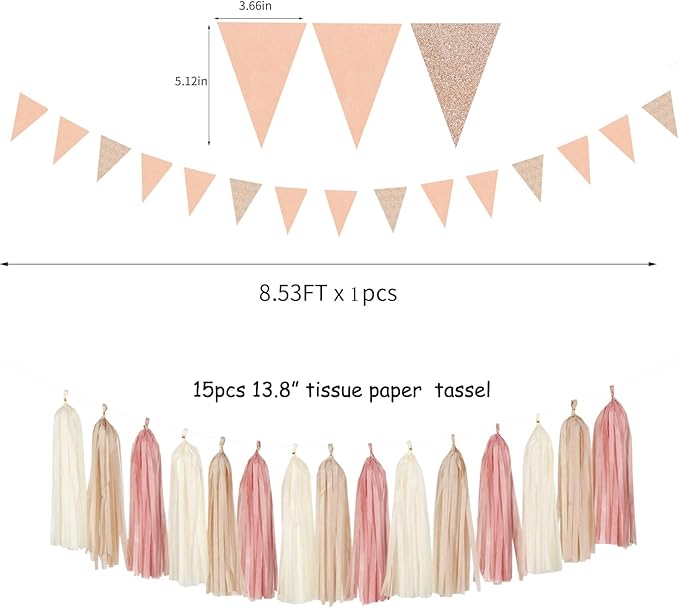 Pink Champagne-Peach Rose-Gold Boho Party Decorations - 23pcs Women Girls Birthday Tissue Pom Poms Streamers,Baby Bridal Shower Tassel Garland Banner,Rustic Wedding Graduation Decor Backdrop Ouruola