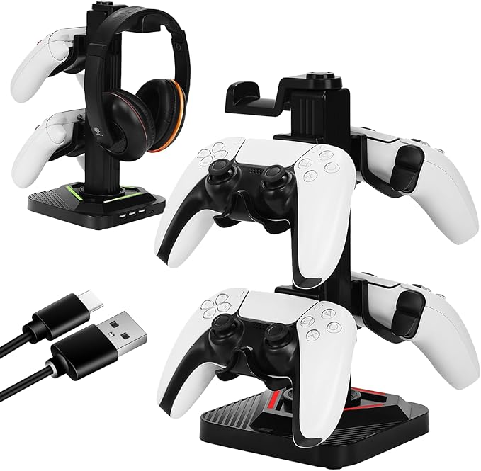 Universal Gaming Controller Stand Compatible with Xbox/PlayStation 5/PC | Headset Stand with 7-Color RGB Lighting Modes | 360° Rotatable Base & Detachable Hooks with Sturdy Anti-Slip Base
