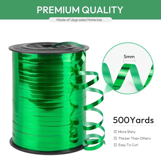 Green Curling Ribbon, 1/5" Wide x 500 Yards Christmas Curling Ribbons for Gift Wrapping, Party Decoration, Balloon String, Hair, Ribbons for Florist Flower (1 Roll)