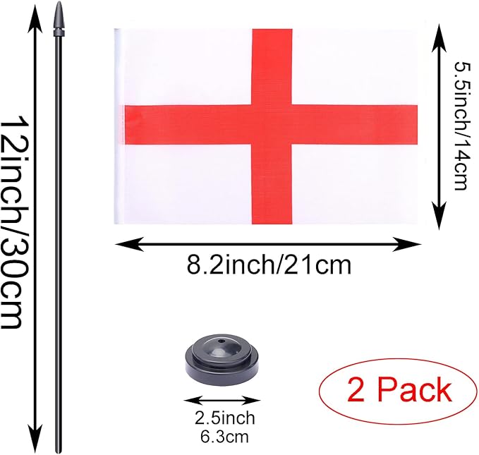 WXTWK 2 Pack England Flag England Deluxe Desk Flag Set - Mini Small Englander Table Office Flags with Black 12" Solid Pole Stand Base Classroom Meeting Desktop Decorations