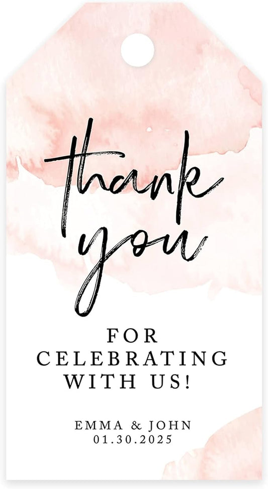 Andaz Press 100-Pack Personalized Thank You for Celebrating with Us Wedding Favor Tags with Bakers Twine Coral Brushed Watercolor Custom Cardstock Wedding Gift Tags for Party Favors 2 x 3.75-Inches