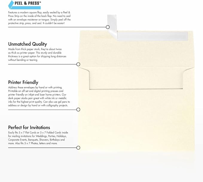 LUXPaper A7 Invitation Envelopes | Peel & Press | 5 1/4" x 7 1/4" | Champagne Metallic | 80lb. Text | 250 Qty