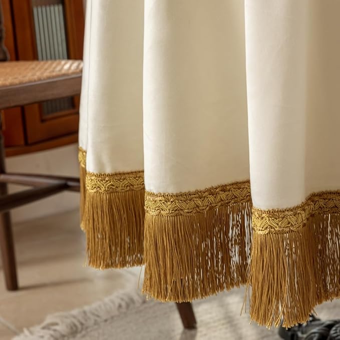 F-CHU White Tablecloth Thickset Velvet Tablecloth with Beautiful Gold Tassels Vintage Table Cloth for Home Decor Wedding, Party, Banquet and Events 60" Round