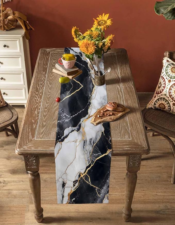 Black White Marble Cotton Linen Table Runner for Dining Kitchen, Wedding Outdoor Party Tablerunners Decoration, Nature Marble Crack Modern Art Dresser Scarf Coffee Tablecloth Runners 13x72 Inches