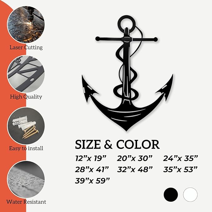 XXQ Anchor Metal Wall Decor, Anchor Metal Wall Art for Bedroom Living Room Dorm Antique Anchor Wall Decor Antique Metal Anchor Farmhouse Decor (Whhite, 39" x 59" / 100 x 150cm)