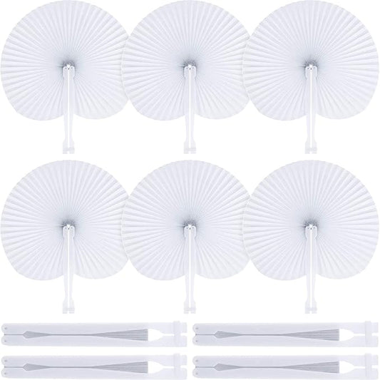 ZWIN 48 Pcs Paper Fans Wedding Paper Fans for Guests Pocket Folding Paper Fans with Plastic Handle White Blank Paper Fans for Guests Celebartion Party Decoration