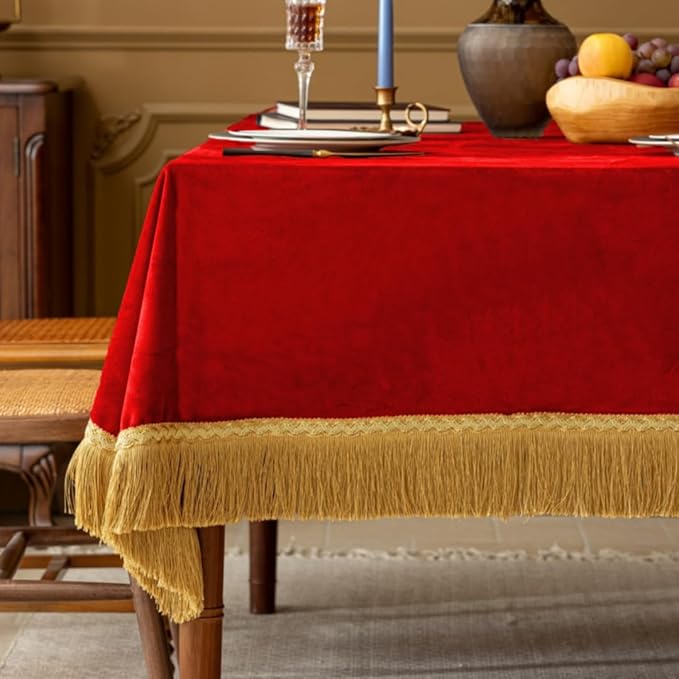 F-CHU Luxury Red Tablecloth Thickset Velvet Tablecloth with Beautiful Gold Tassels Vintage Table Cloth for Home Decor Wedding, Party, Banquet and Events 60x102-Inch