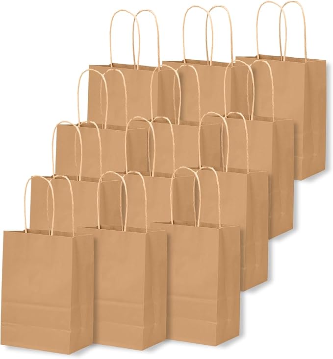 qiqee 100-Packs Brown Paper Gift Bags with Handles Bulk 4.5"×2.5"×6" Mini Size Gift Bags Multiple Uses