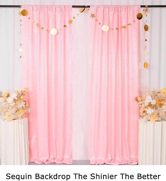 ShiDianYi Baby Pink Sequin Backdrop Curtains 2 Pieces 4FTX10FT Pink Backdrop Photography Background Glitter Wedding Backdrop Fabric Shimmer Studio Background 8ftx10ft