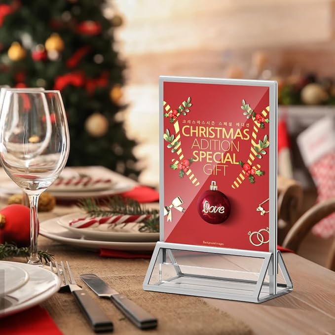 Clear Acrylic Sign Holder 5X7 with Silver Borders Display Stand, Double Sided Acrylic Picture Frames Plastic Sign Holder for Wedding Table Numbers Menu Holder (6 Pack)