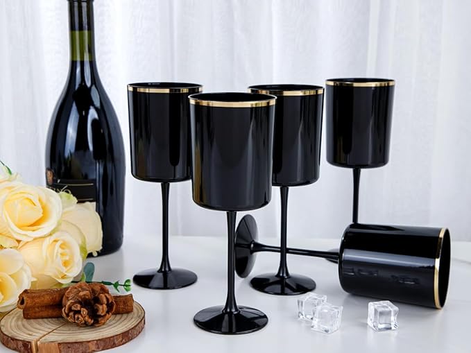 Ciaell 12 Pack 10 OZ Black Plastic Wine Glasses with Stem - Black and Gold Disposable Wine Glasses Perfect for Parties & Weddings & Toasting & Outdoors & Camping & Halloween
