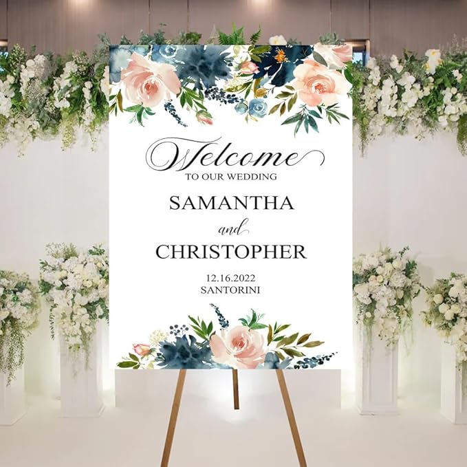 Welcome To Our Wedding Sign, Personalized Wedding Welcome Sign, Wedding Welcome Sign, Blue and Peach Floral Wedding Ceremony Welcome Sign, Wedding Event Party Welcome Sign