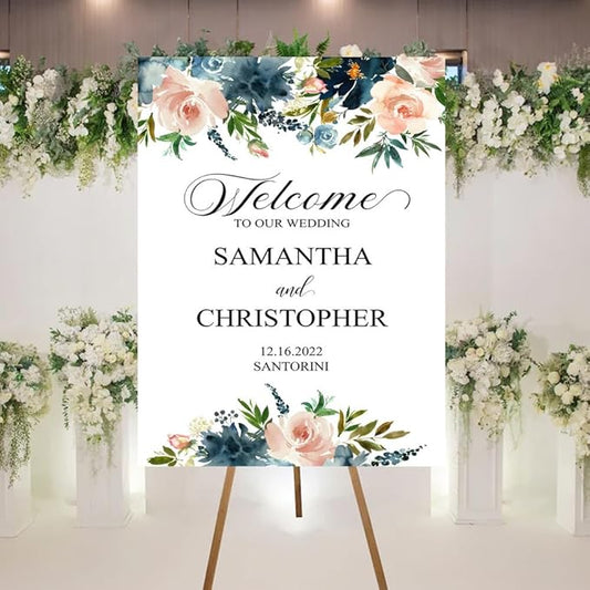 Welcome To Our Wedding Sign, Personalized Wedding Welcome Sign, Wedding Welcome Sign, Blue and Peach Floral Wedding Ceremony Welcome Sign, Wedding Event Party Welcome Sign