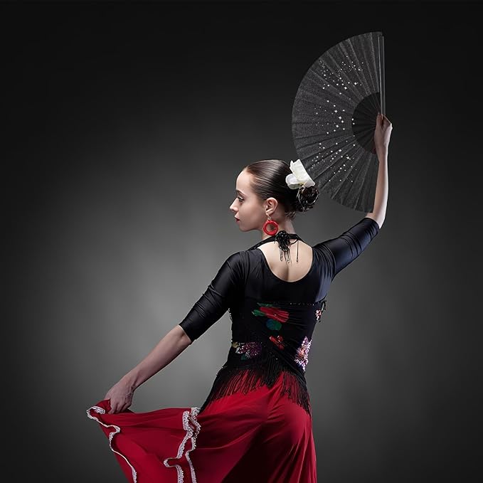 Glitter bling Large Folding Fan-Hand Fan Rave Clack Popping Fan for Line Dancing Clacking Fans for Boots On The Ground Dance, Party for EDM, Music Festival, Hot Flashes, Party, Decoration(3pcs black)