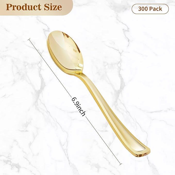 BESTVIP 300 Pack 6.9 Inch Gold Plastic Spoons, Heavy Duty Plastic Silverware, Heavyweight Gold Disposable Spoons, Disposable Serving Utensils for Catering, Parties, Dinners, Weddings, Christmas