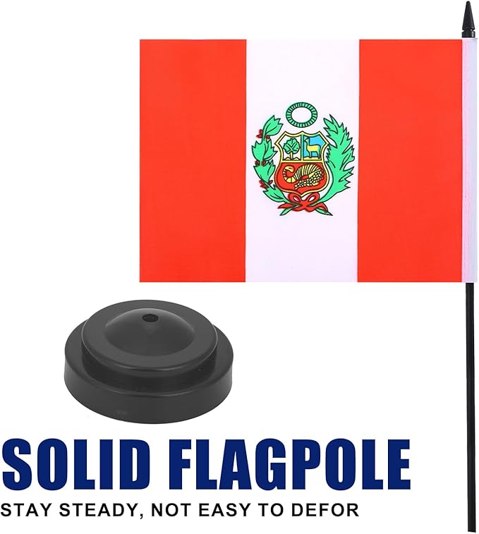 Peru Desk Flag 12" Solid Pole Deluxe Set Peruvian Flags Banner Mini Small Peru Office Table Flags with Black Stand Base Desktop Decorations(2Pack)