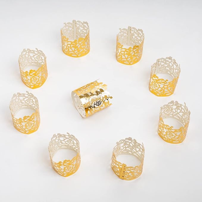 150PCS Rose Flower Paper Napkin Rings, Simple Napkin Holders Dinner Tables Rings Elegant Ornament Table Setting Decoration for Wedding, Christmas, Thanksgiving, Holiday, Party (Gold) (Pack of 2)